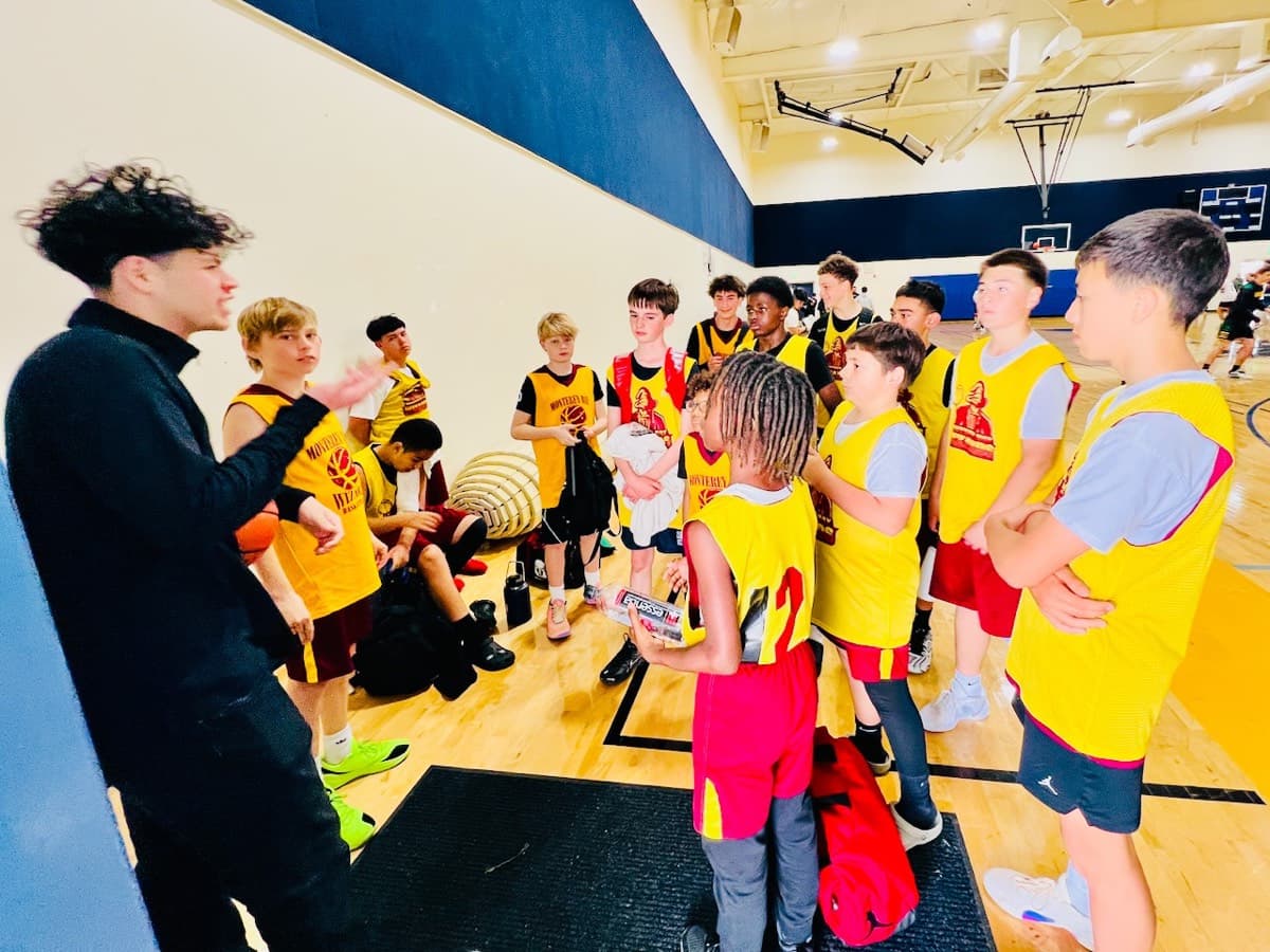 Coach teaching basketball fundamentals to young players